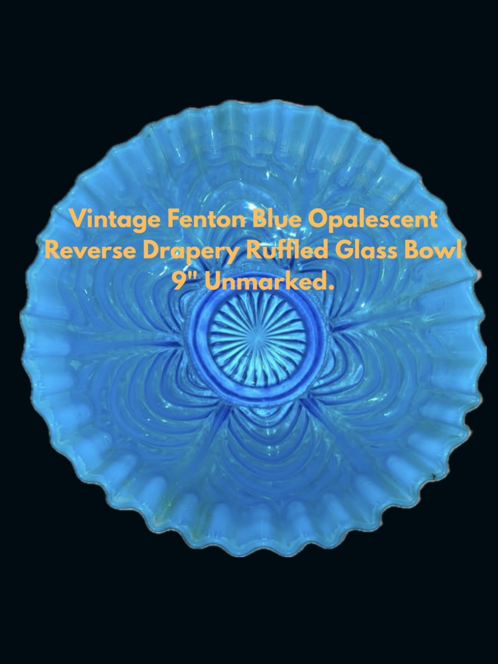 Vintage Fenton Blue Opalescent Reverse Drapery Ruffled Glass Bowl 9" Unmarked.